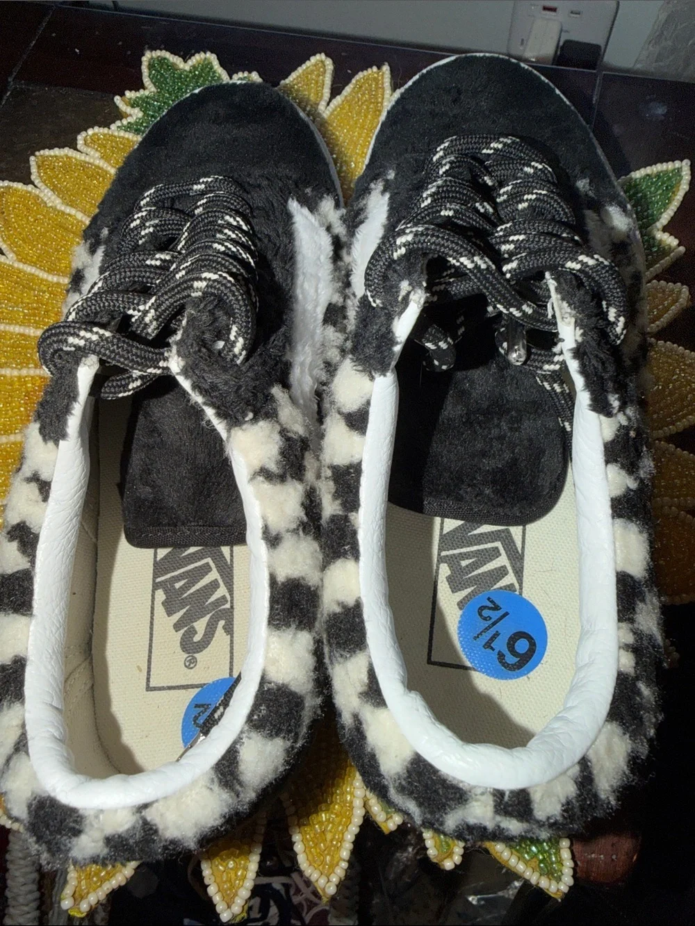 Vans Black & White Faux-Shearling Checkerboard Lace-Up Sneakers